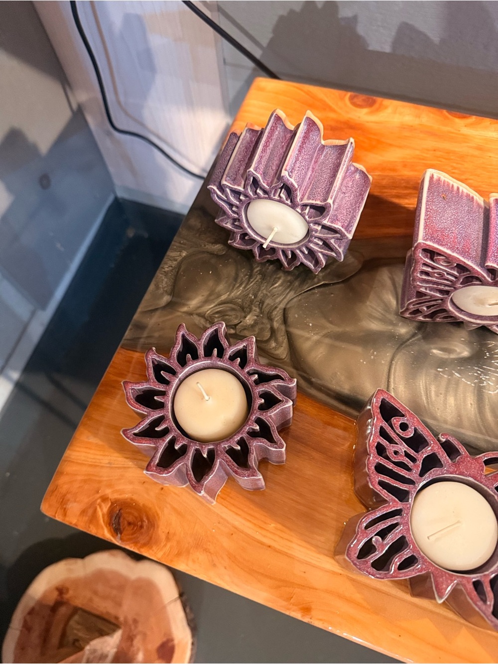Includes (two) Purple Floral Metal Tealight Candle Holders -